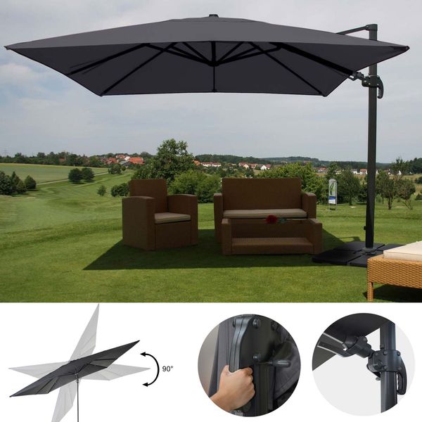Gastronomie-Ampelschirm HWC-A96, 3x3m (Ø4,24m) schwenkbar, Polyester Alu/Stahl 23kg ~ anthrazit mit Ständer, drehbar