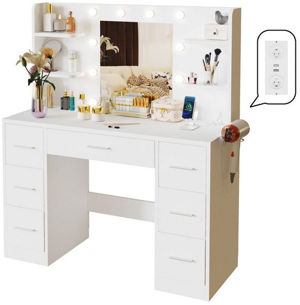 Furnicopia Schminktisch Mit einstellbarer LED-Beleuchtung, 7 Schubladen und 4 Fächern (Große Größe: 110 × 40 × 137 cm, mit 1 USB-Anschluss, 1 Typ-C-Ladeanschluss, 2 Netzsteckdosen und 1 Föhnhalterung. Erhältlich in Weiß oder Schwarz-ostern geschenke)