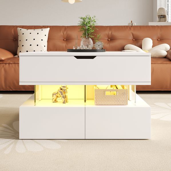 Höhenverstellbarer Couchtisch mit LED-Beleuchtung & Lift-Top in Weiß - 70x67x57 cm