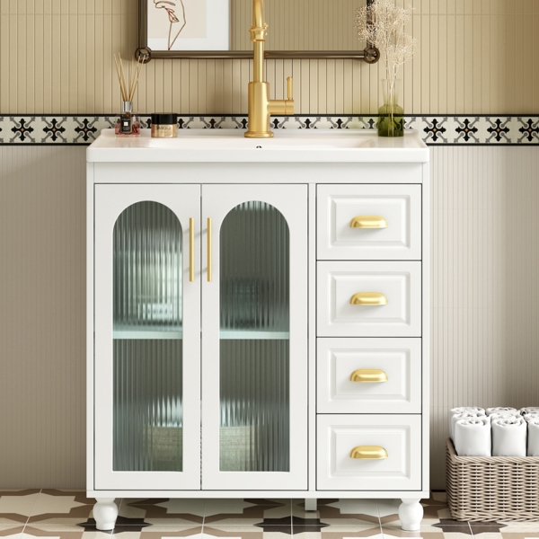 Merax Badmöbel Einzel Waschtisch mit Unterschrank 80cm mit Keramik-Waschbecken,weiß