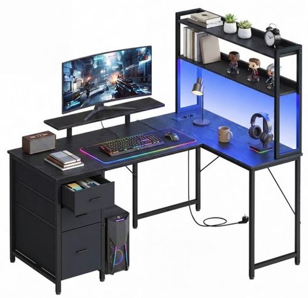 VASAGLE L-Form Schreibtisch mit LED-Beleuchtung, Steckdosen und 3 Schubladen, 140 x 100 x 150 cm, Schwarz