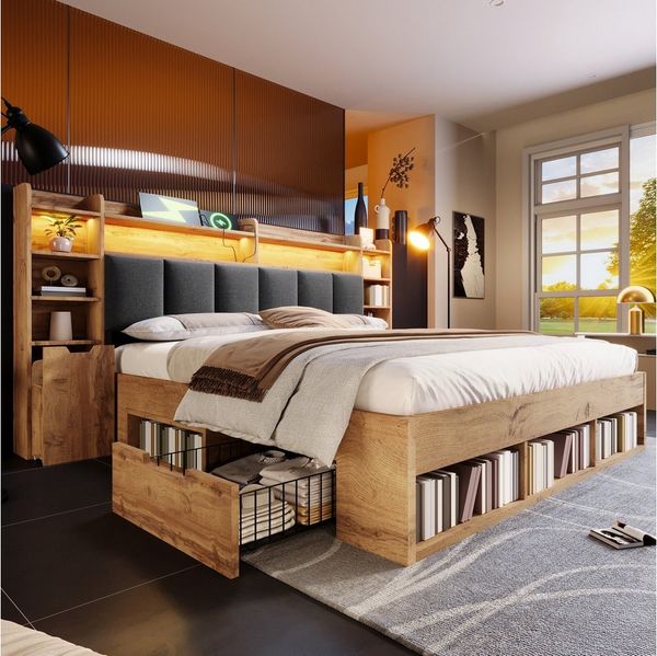 MODFU Holzbett Integrierte Nachttische mit USB & Type-C, Rollschubladen (Packung, 1-tlg, Eichenfarbenes Systembett 180x200 cm mit LED-Kopfteil), Viel Stauraum, inkl. Lattenrost, ohne Matratze