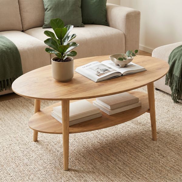 skølm 'Mjölnir' Couchtisch oval, Massivholz Eiche, natur geölt, Wohnzimmertisch 70x110 cm, Beistelltisch für Wohnzimmer mit Ablage