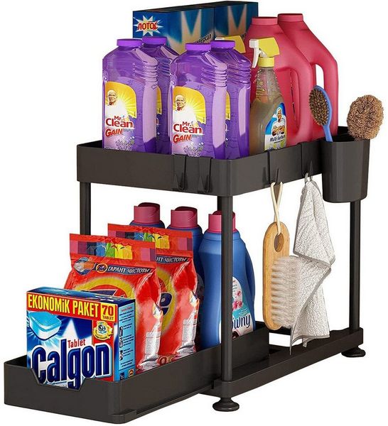 SURFOU Ablageregal Arbeitsplatte Badezimmer Schubladen Küchen Organizer Regal, Multifunktionales Spülschrankregal mit Schublade, 4 Haken und 1 Tassen, Unter Waschbecken Regal Spülschrank Organizer, 2 Etagen Standregal Küche Arbeitsplatte Regal Organize...