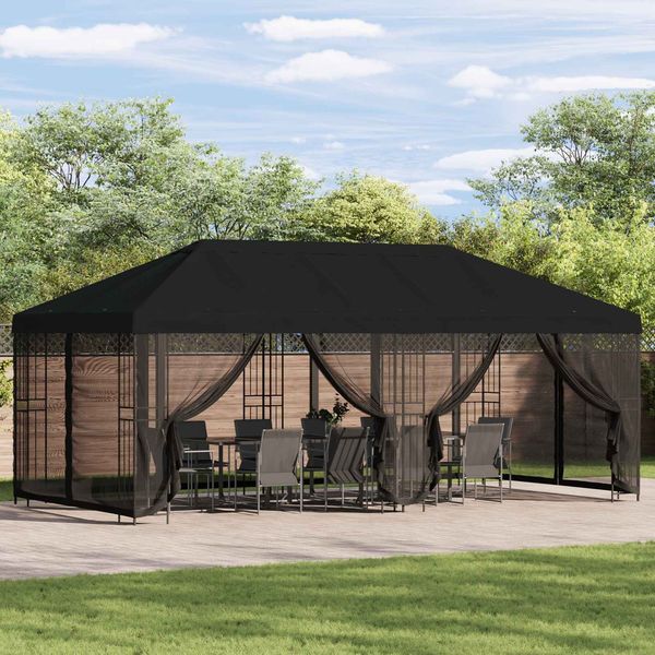 vidaXL Pavillon mit Seitenwänden 6x3 m Schwarz Polyester und Stahl 3375991