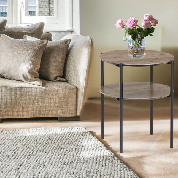 Moderner Beistelltisch PINA 43x48 cm taupe Ablage Pinien-Optik schwarzes Metallgestell