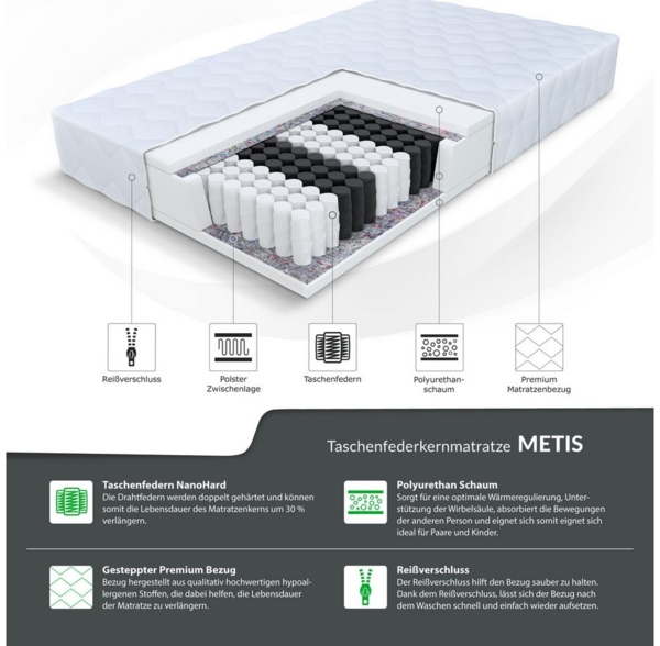 Taschenfederkernmatratze METISMAX H3 90x200, 140x200, 180x200 cm & weitere Größen, FDM, 16 cm hoch, (Matratze mit waschbarem Premium Bezug, Allergiker geeignet) Bild 2