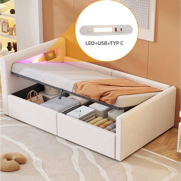 REDOM Polsterbett Funktionsbett Kinderbett (mit LED-Licht, USB-Ladeanschluss & Hydraulischem Stauraum, Samtstoff, Verstellbare Rückenlehnen, mit Regal und Nachtlicht, 90x200 cm), ohne Matratze