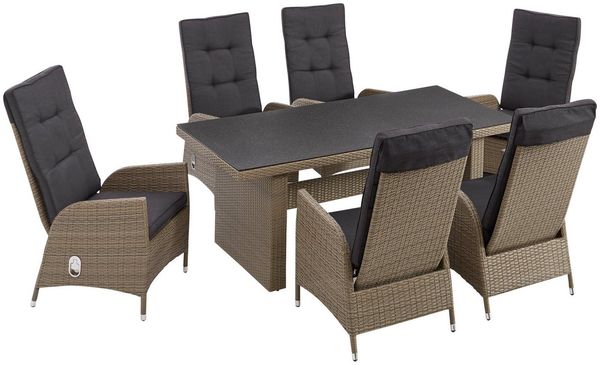 KONIFERA Garten-Essgruppe Brisbane, (Set, 13-tlg, 6 Sessel, Rückenlehne verstellbar, inkl. Auflagen, Tisch 92x192x74 cm), Aluminium/Polyrattan, Tischplatte aus Stone-Spray-Glas in Steinoptik