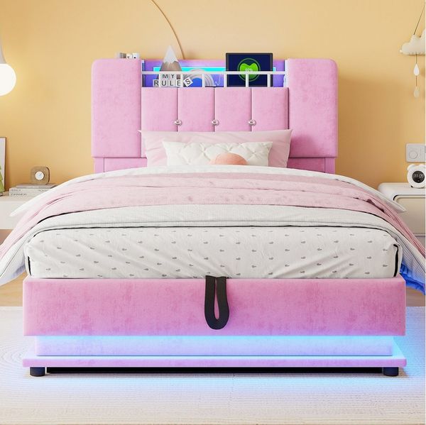 Celya Polsterbett mit LED-Beleuchtung und hydraulischem Stauraum (ohne matratze, mit USB-Anschluss, weichem Samtbezug, Metallrahmen)