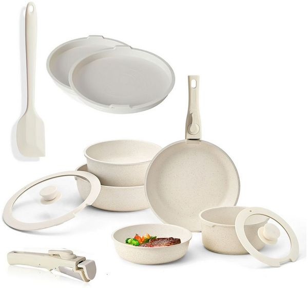 Refined Living Topf-Set 12er Set Töpfe und Pfannen mit abnehmbarem Griff stabil und wackelfrei, (Keramische Antihaft-Pfanne mit Silikonspachtel für einfache Reinigung, 12-tlg, Kochtopf mit Aufbewahrungsdeckel zum einfachen Aufbewahren von Resten), Set ...
