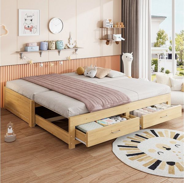 OKWISH Schlafsofa Funktionsbett, Ausziehbares Holz-Kinderbett 90/180x190 cm mit Lattenrost, zwei integrierten Schubladen und ohne Armlehnen & Rückenlehne, ohne Matratze