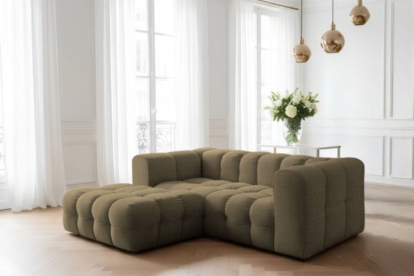 Ecksofa Designersofa SOLVIE XS in Stoff Moly Moosgrün Ottomane Links