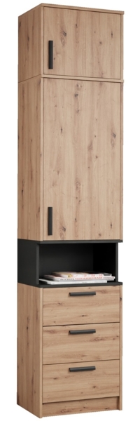 Marmex Möbel Grant 06/14A Mehrzweckregal, Standregal, Kombiregal, mit Aufsatz, Bücherregal mit 3 Schubladen, laminierte Spanplatte, artisan Eiche + schwarz, 52x235x40 cm