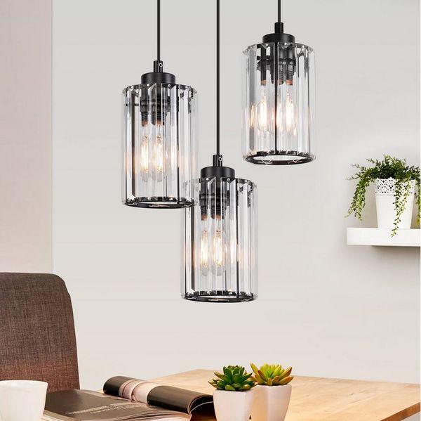 Nettlife Pendelleuchte Kristall Modern Wohnzimmer 3 Flammig E27 Schwarz Esstisch Hängeleuchte, Höhenverstellbar, LED wechselbar, Pendellampe für Küche Esszimmer Schlafzimmer