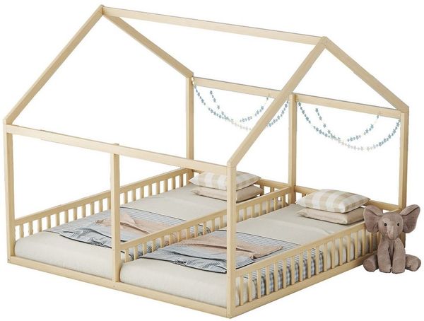 Flieks Kinderbett, Massivholz Einzelbett Doppelbett Hausbett 90x200cm 2 Liegefläche