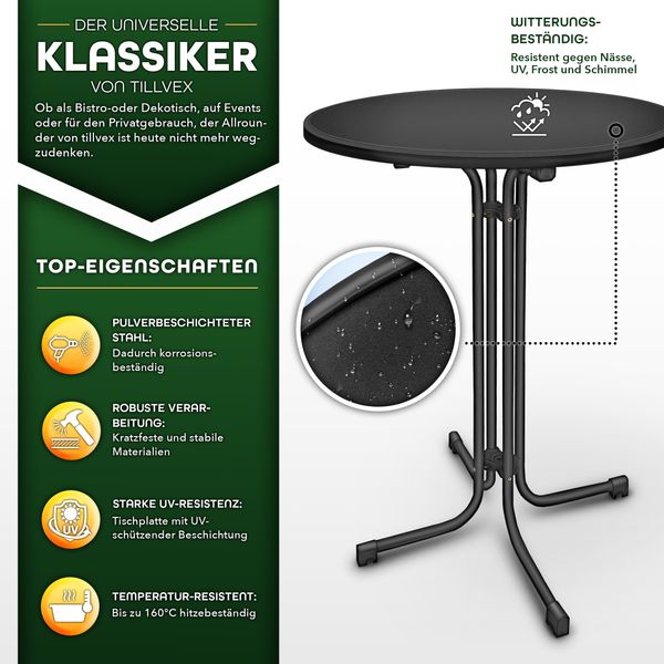 tillvex® Gastro Stehtisch klappbar Ø60cm schwarz | Bistrotisch FERTIG MONTIERT | Klapptisch rund - wetterfester Partytisch | Gartentisch Indoor & Outdoor Bild 2