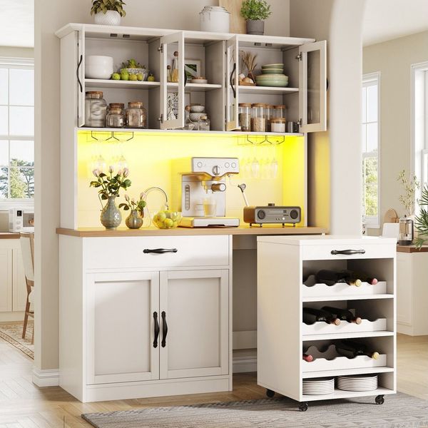 Flieks Küchenbuffet mit Rollwagen, LED-Beleuchtung und Arbeitsplatte in Holzoptik (1-St, B140/T38/H180 cm) Hochschrank Küchenschrank mit Glastüren, Schubladen und Weinregal