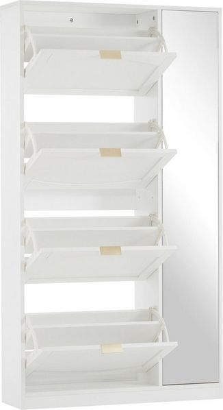 KLAM HOME Schuhschrank Moderner Schuhschrank Mit Spiegel Und 4 Klappbaren Fächern (Platzsparender Flurschrank In Weiß Mit Verstellbarem Regalbrett) Aufbewahrungsschrank Für Schuhe Und Taschen Mit Kippsicherung