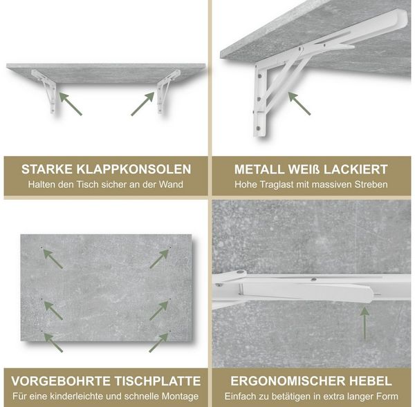 KDR Produktgestaltung Klapptisch 80x50 Wandklapptisch Esstisch Küchentisch Schreibtisch Wand Tisch, Beton Bild 4