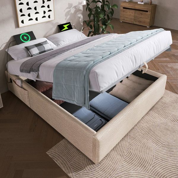 Flieks Polsterbett, Hydraulisches Doppelbett 160x200cm mit Aufladenfunktion ohne Kopfteil