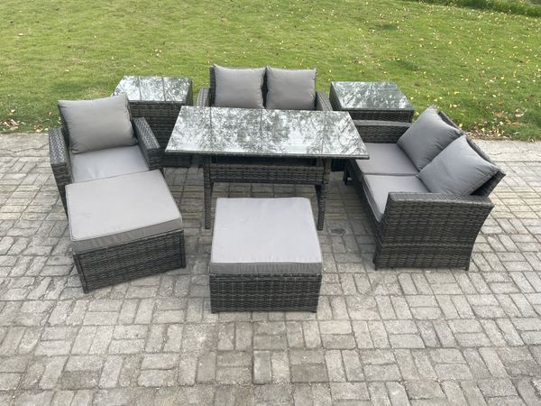 Fimous Polyrattan Gartenmöbel-Set mit Rechteckiger Esstisch Doppelsitzsofa 2 Beistelltischen 2 Großer Hockern Dunkelgrau gemischt