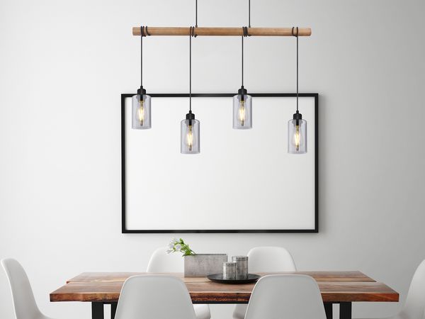 LED Holzbalken Pendelleuchte mit 4 Rauchglas Lampenschirmen, Breite 98cm