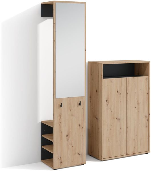 byLIVING Garderoben-Set Lyon/Weiß oder Artisan Eiche kombiniert mit Schwarz/Hochschrank mit Spiegel/Schuhschrank/B 40, H 185, T 35 cm, B 70, H 115, T 33,5 cm