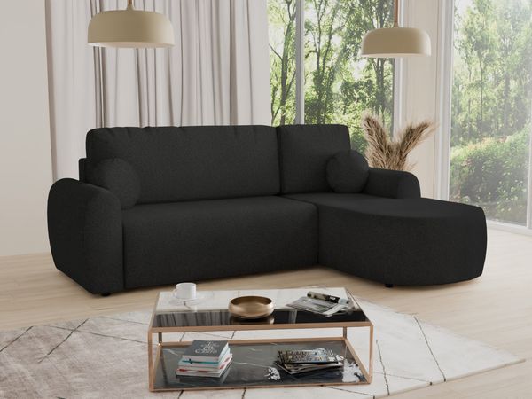 Ecksofa Jazz mit Schlaffunktion und Bettkasten - Bouclé-Stoff - L-Form Couch, Polstersofa, Schlafsofa, Sofagarnitur, Bettsofa (Schwarz (Coral 60), Ecksofa Rechts)