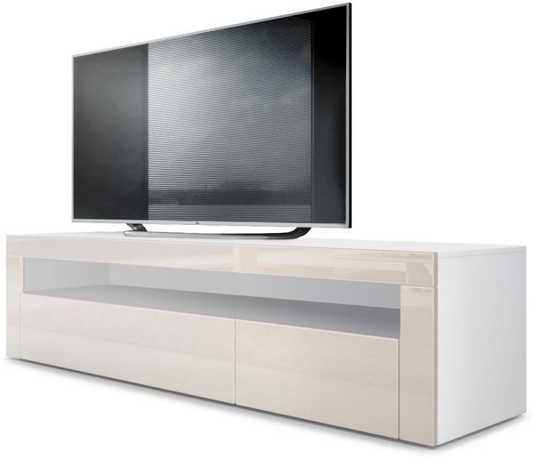 Vladon Lowboard Valencia, TV-Kommode mit 1 offenem Fach und 2 Klappen, Weiß matt/Creme Hochglanz/Creme Hochglanz (155 x 46 x 40 cm)