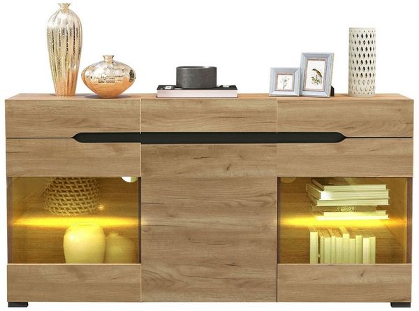 Merax Sideboard Wildeiche Farbe mit LED, Anrichte mit Glasablage, Kommde mit 3 Schubladen und 6 Fächern,B/H/T: 140/80/35cm
