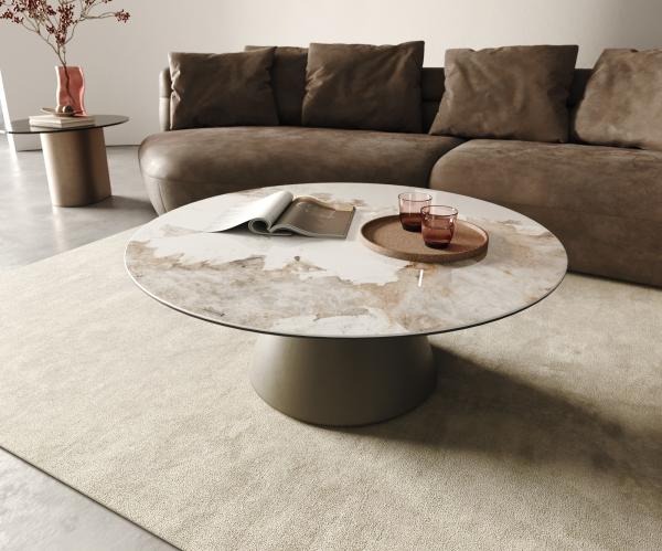 Couchtisch Borna 100x100 cm Keramik Minas Melange Weiß-Beige Gestell Konisch Effektfinish Titan