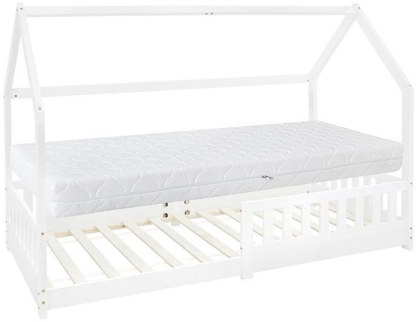 ML-DESIGN Kinderbett Hausbett mit Rausfallschutz, Dach und Lattenrost Massivholz, Bett 200x90 cm Weiß mit Matratze 16cm für Mädchen Jungen Holzbett