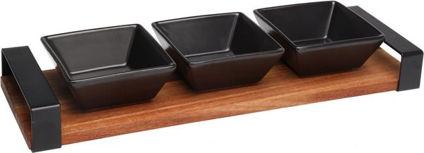 Koopman Servierschale Dipschale Tablett 31 cm x 10 cm x 4 cm, Akazienholz, (4-tlg), 3 Schalen, Akazienholz, 1 Tablett, Keramikschalen, Metallgriffe