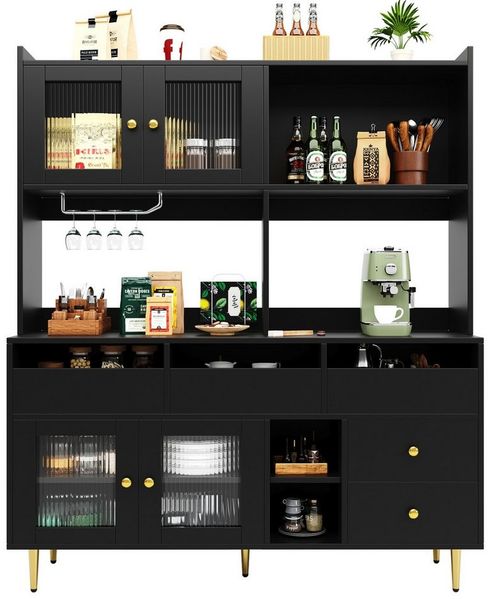 IDEASY Küchenbuffet Buffetschrank, Hochschrank mit Glastür und Schubladen (Stehschrank mit Weinregal, Mehrschichtiger Stauraum) Küchenbuffet Anrichte mit Ablagefläche, 145 x 39 x 171cm