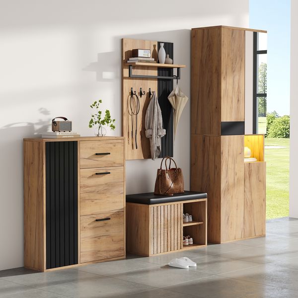 Garderobenset 4-teiliges Set bestehend aus Kleiderschrank, Schuhschrank, Schuhbank und Garderobe,Naturholzfarbe und Schwarz mit offenem Regal und Ablage Kleiderschrank
