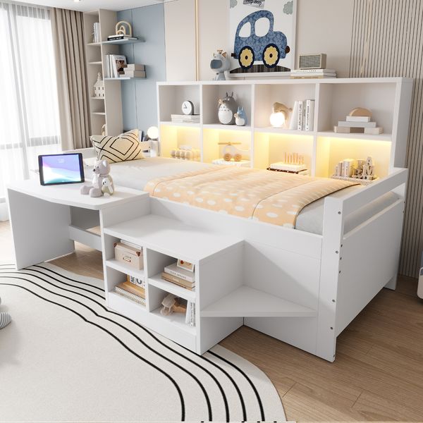 Kinderbett 90×200 cm, Schreibtisch Mit Stauraum Und Steckdosen, Ausgestattet Mit LED-Lichtleiste Und Mehrstufigen Ablagefächern, Einzelbett Aus Massivholz, Jugendbett, Weiß