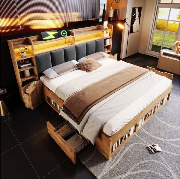Odikalo Holzbett Doppelbett Polsterbett Jugendbett 160x200 180x200 mit LED & Stauraum (Systembett, Eichefarben, Nachttische mit USB- und Type-C-Anschlüssen, Stauraum und Rollschubladen, Lattenrost aus Holz (Ohne Matratze)