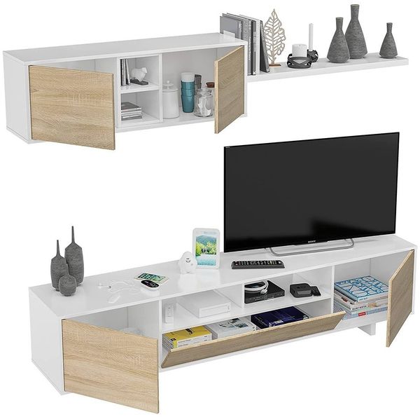 Dmora Angora-Wandsystem, TV-Ständer-Wohnzimmereinheit, Zusammensetzung des Wohnzimmersets, Wohnzimmerset mit Wandeinheit, 260 x 41 x 46 cm, glänzendes Weiß und Eiche Bild 5