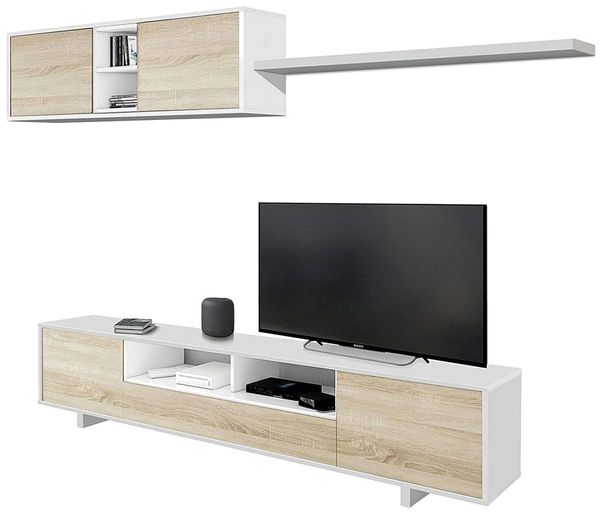 Dmora Angora-Wandsystem, TV-Ständer-Wohnzimmereinheit, Zusammensetzung des Wohnzimmersets, Wohnzimmerset mit Wandeinheit, 260 x 41 x 46 cm, glänzendes Weiß und Eiche Bild 4