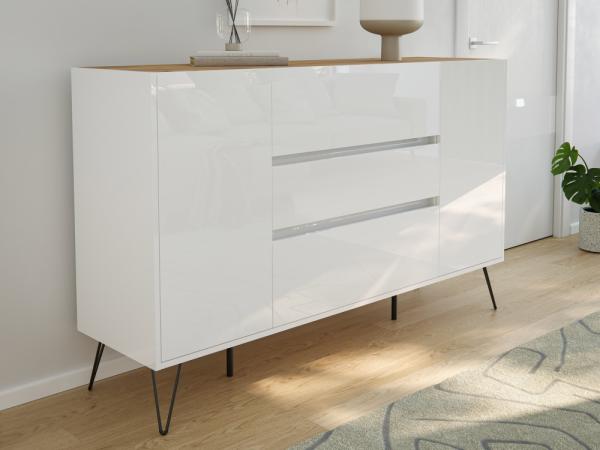 Sideboard Kommode Lovo 155cm Greifraum 3 SoftClose 2 Türen Weiß/Eiche Top : Weiss hochglanz / Oak Gold