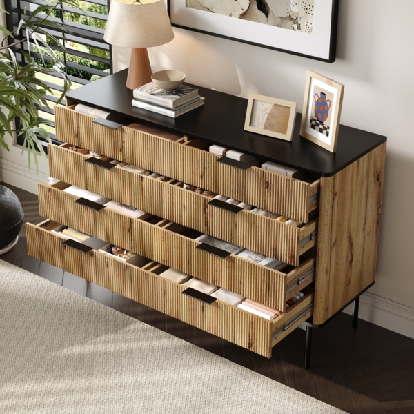 Merax Sideboards, Schränke, Lagerschränke, Kommode, geeignet für Wohnzimmer/Esszimmer/Eingang, 120 x 39,5 x 80cm (B/H/T) Natur und Schwarz