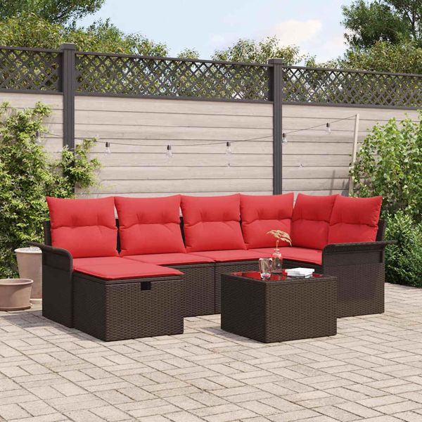 vidaXL Gartensofa-set mit Kissen 7 pcs Braun und Rot Poly-Rattan 3358893