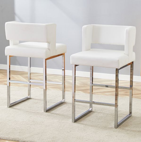 Barhocker in Weiß/Silber, 48 x 53,3 x 91,4 cm – gepolsterter Sitz aus PU-Leder mit Metallgestell