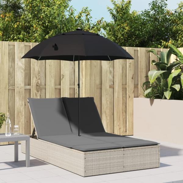 vidaXL Doppel-Sonnenliege mit Kissen & Schirm Hellgrau Poly Rattan 368086