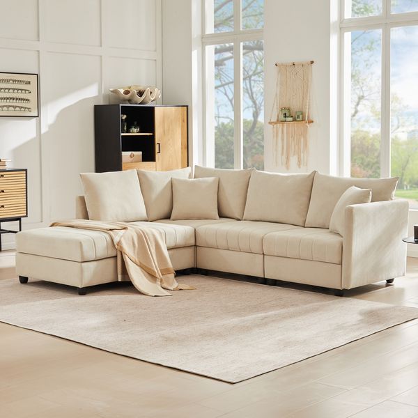 Modernes Ecksofa, Modulares Sofa, 5-Sitzer-Sofa, mit umwandelbarem Fußhocker, L-förmiges Sofa, U-förmiges Sofa, Beige