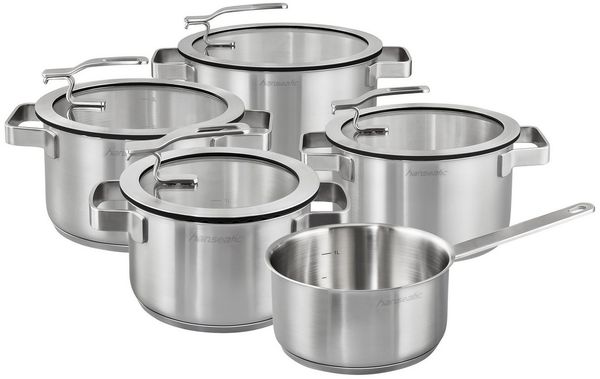 Hanseatic Topf-Set STYLE, Edelstahl 18/10 (Set, 9-tlg, Fleischtopf 1x 16 cm / 2x 20 cm / 1x 24 cm, Stielkasserolle 16 cm), Deckel mit praktischer Aufhänge-Funktion, Induktion