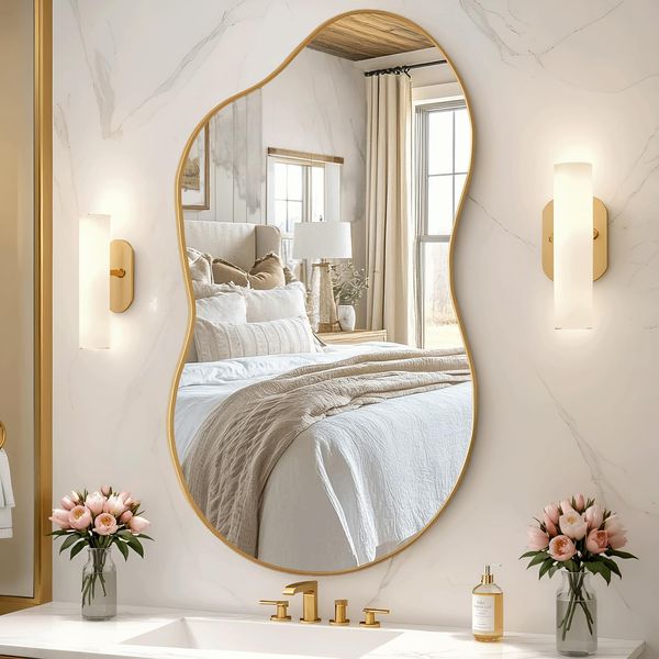 Clevich Spiegel Asymmetrisch 66x116 cm Rahmen Alu, HD Glas Wandspiegel, Moderner Dekor-Spiegel, Schlankes Modernes Design, für Bad Badezimmer Wohnzimmer Flur Schlafzimmer Wand Cloud-Design, Gold
