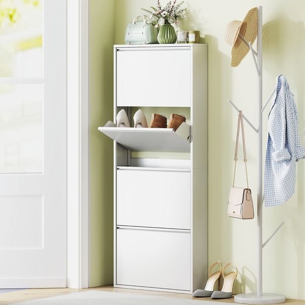 Schuhschrank 15cm Tief Mit 4 Klappschubladen & Vollmetall - Schmales Schuhregal Für Bis 8 Paar Schuhe, Wandmontage Möglich
