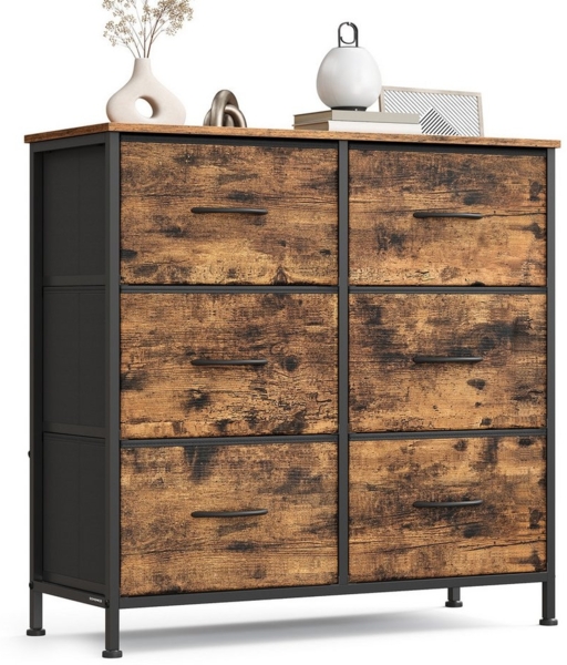 SONGMICS Kommode, Schrank, 6 Stoffschubladen, für Schlafzimmer, Flur, Wohnzimmer, braun-schwarz